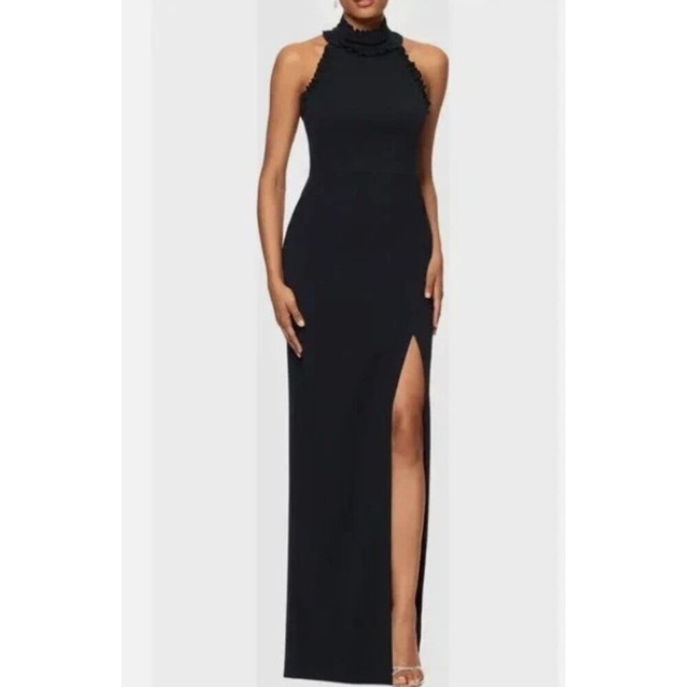 Xscape Black Halter Neck Ruffle Crepe Open Back Gown Size 4 $235